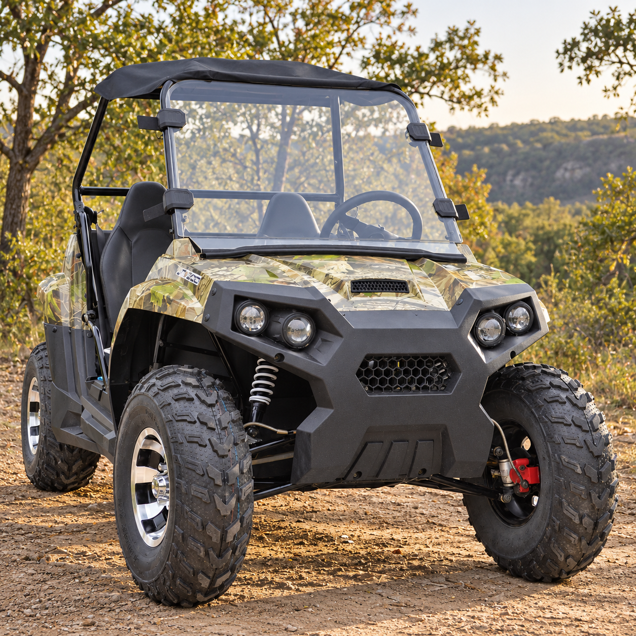 Camouflage electric off-road UTV with windshield, canopy and four round headlights