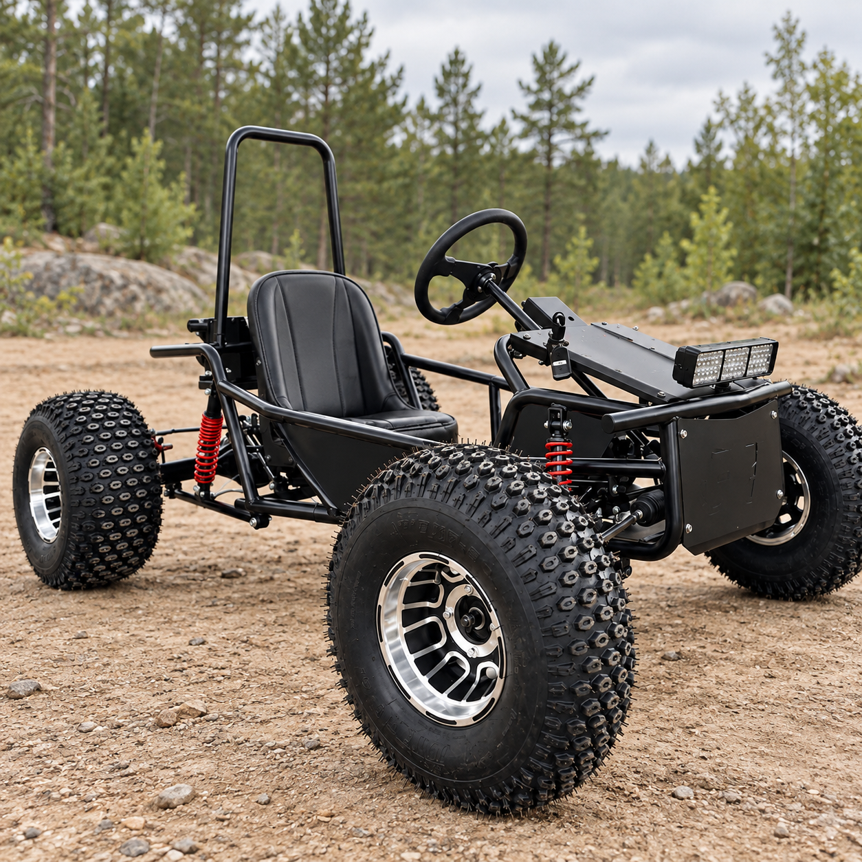 Black single-seat electric off-road go kart with knobby tires and red suspension springs