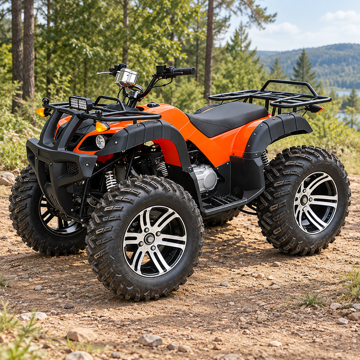 Orange and black electric ATV with front and rear cargo racks and knobby tires